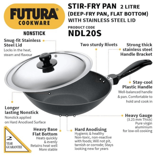 Hawkins Futura Nonstick Deep-Fry Pan (Stir-Fry Pan) 2 L, 26 cm, 3.25 mm with SS Lid (Black) - Image 2